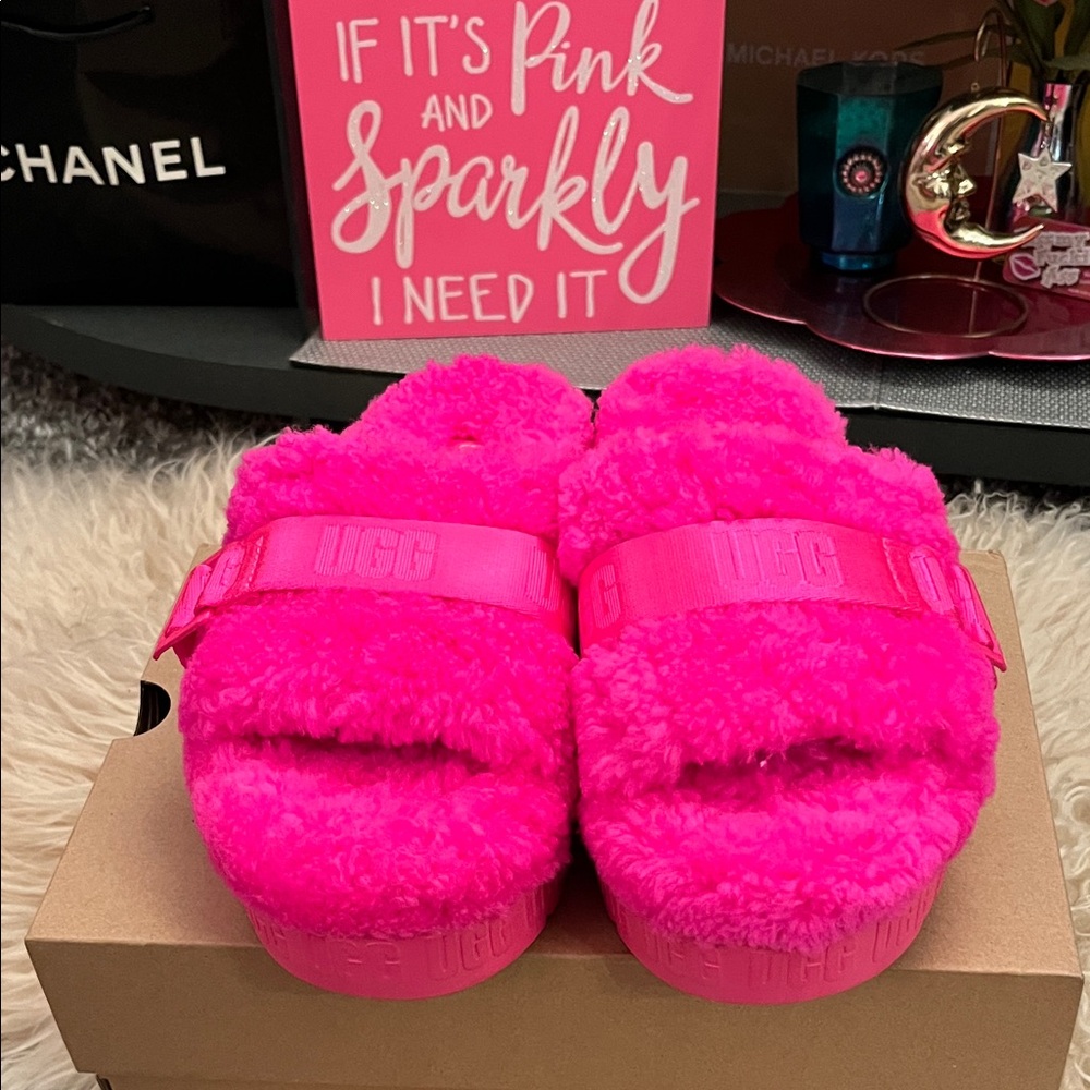 UGG Vibrant Pink Fluffy Slides